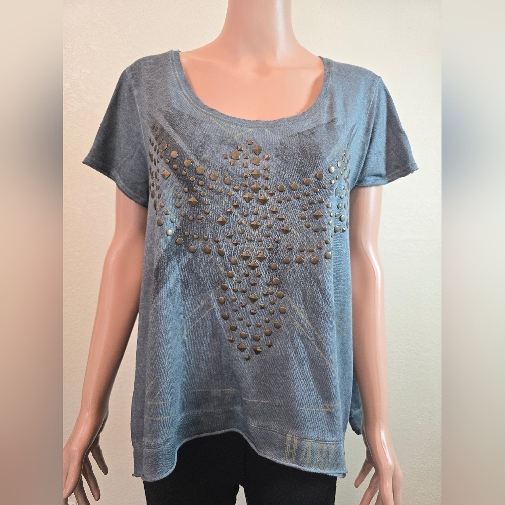 HARLEY DAVIDSON Multi-Stud V Neck Short Sleeve Sharkbite Hem Green Tee Sz Large - Picture 4 of 9